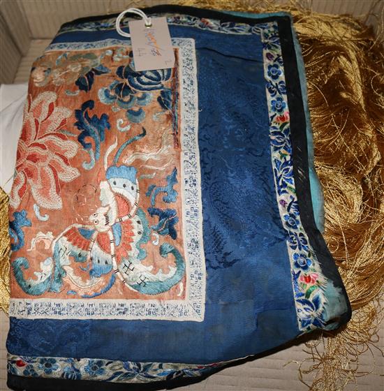 A Chinese gilt metal thread silk shawl and a silk panel